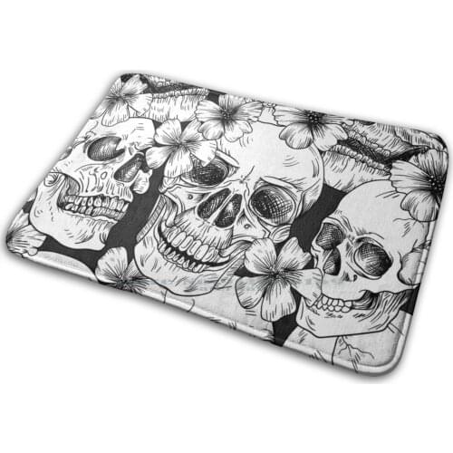 Skull And Flower Pattern Mat Rug Carpet Anti-Slip Bedroom Entrance Door Mat Skull Gothic Vintage Black And White Skull Skeleton