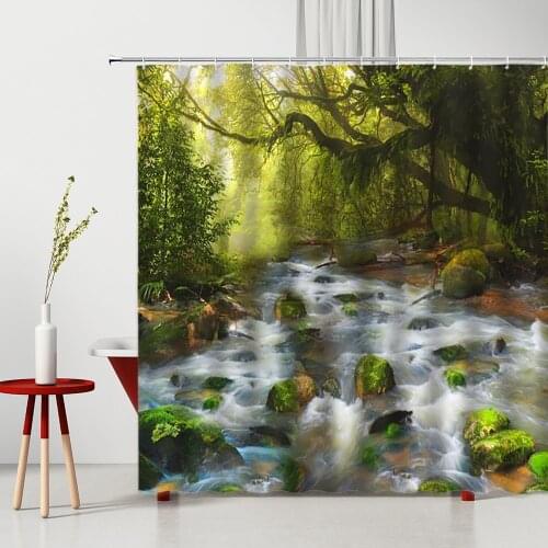 3D Landscape Shower Curtain Forest Jungle Creek Stone Pattern Polyester Bathroom Decor Washable Fabric Bath Partition Curtains