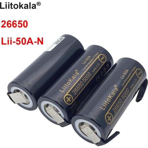 LiitoKala 26650 5000mah 3.7v battery Li-ion Rechargeable Battery Lii-50A-N 26650 battery for Flashlight + DIY nickel