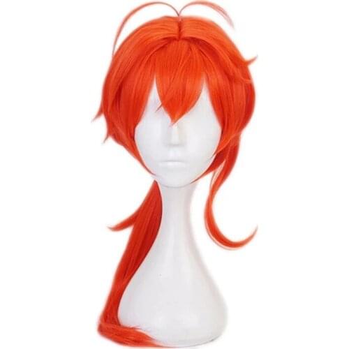 Game Genshin Impact Diluc Cosplay Wigs Orange Red Long Ponytail Heat Resistant Synthetic Hair Wigs