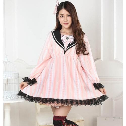 Pink Sailor Collar Lolita Striped Lace Print One-Piece Dress Full Sleeve Cute Bow Tie Loyal Princess Cos Women Autumn Dresses