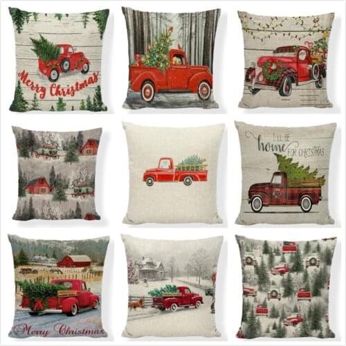 Christmas Cushion Cover Red Truck Cushion Case Christmas Tree Decoration Family Living Room Chair New Year Pillow Cases 45x45cm