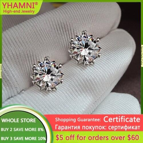 YHAMNI Luxury Solitaire 2.0ct Lab Diamond Stud Earring Real 925 Sterling Silver Jewelry Engagement Wedding Earrings Women Gift
