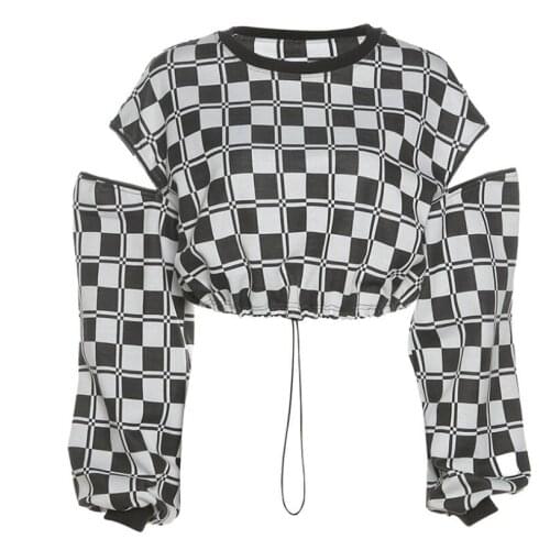 Autumn New Womens Street Fashion Navel Loose Plaid Round Neck Long Sleeve T-Shirt Women