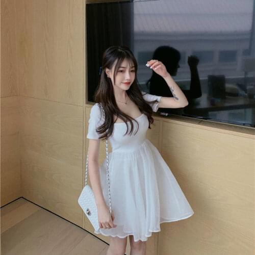Woman Dresses Small 2021 Summer Mesh Stitching Short-Sleeved Dress Womens Pettiskirt Vestido De Mujer Femme Robe