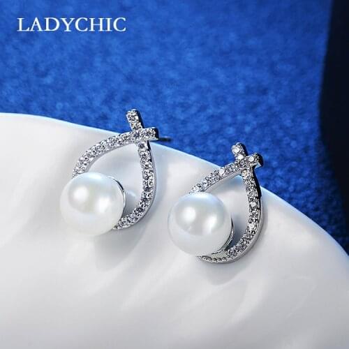 LADYCHIC High Quality Trendy Gold & Silver Color Zircon Stud Earrings Women Imitation Pearl Crystal Jewelry Accessories LE1345