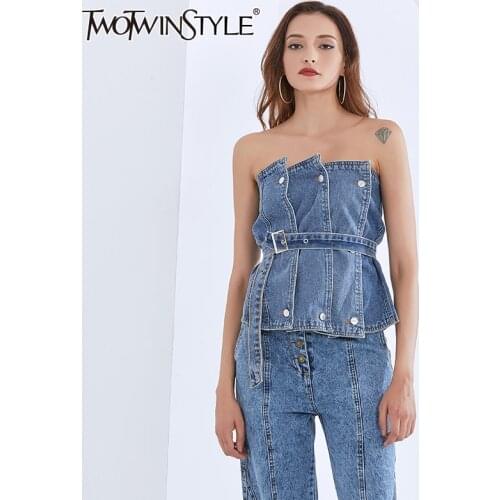 TWOTWINSTYLE Denim Vest For Women Strapless Sleeveless Off Shouder Patchwork Backless Sexy Blue Vests Female 2020 Fashion Style