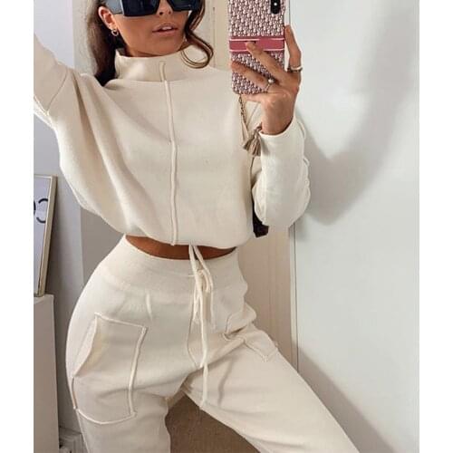Women Turtleneck Cropped Pullovers Trousers Set 2021 Autumn Lace Up Patchwork Pocket Sweatpants Sets Ladies Casual Fashion Suit