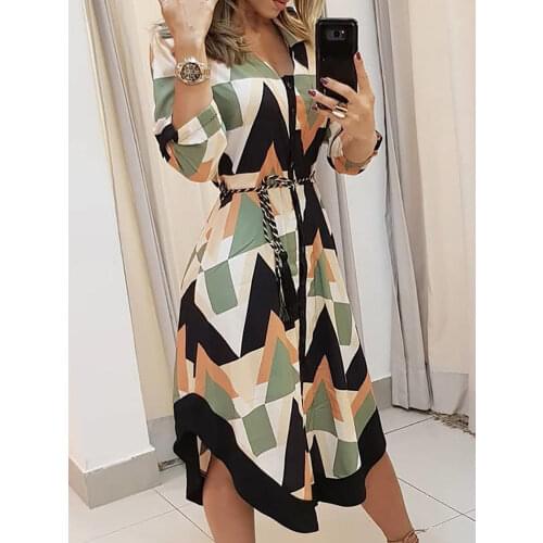 Colorblocked Geo Print Women Asymmetrical Casual Shirt Dress Office Lady Long Sleeve Elegant Workwear Dresses