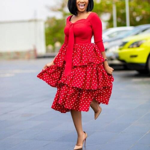 Summer Dress Women 2021 Elegant Polka Dot Patchwork Cake Ruffles Party Dress Long Sleeve Slim High Waist Office African Fashion