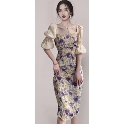 Ladies Floral Print Chiffon Square Neck Short Puff Sleeve Slim Slim Dress 2021 Summer New Ladies Sweet Casual Sheath Dresses
