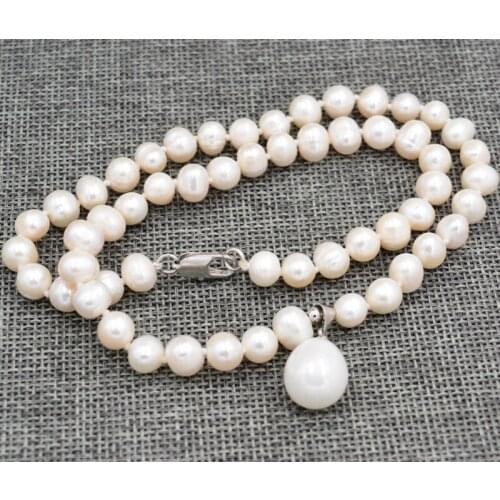 7-8MM White Akoya Cultured Pearl & 12mm Shell Pearl Pendant Necklace