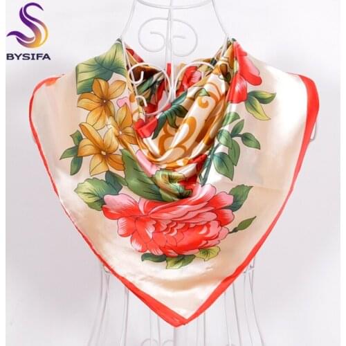 [BYSIFA] Ladies Orange Satin Scarves Head Scarf Hijab 90*90cm Spring Autumn Chinese Peony Pattern Large Square Silk Scarf Shawl