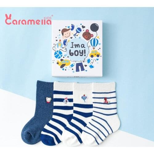 Caramella 4Pairs Autumn Winter Stripe Cotton Kids Socks Animal Bear British Style Baby Girl Boy Gender-neutral Hosiery Gift Box