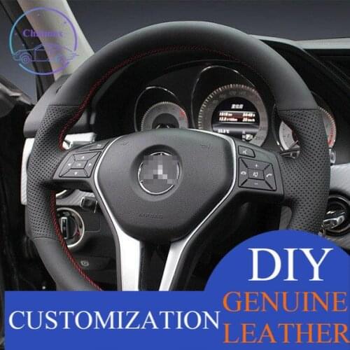 Benz GLK300 Custom Made Anti Slip For DIY Hand Sewing Steering Wheel Cover Black leather Red thread Anti-slip fit all season