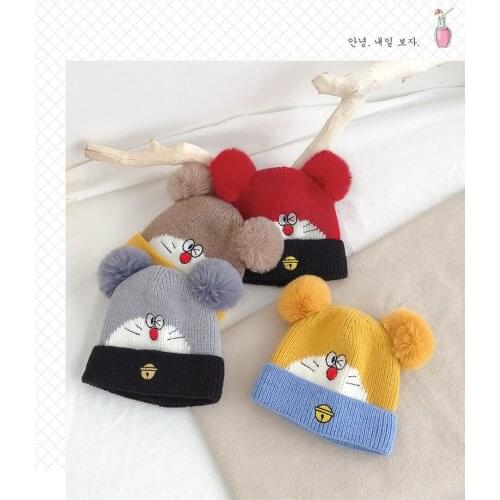 Cartoon Cat Childrens Woolen Hat, Cute Male And Female Baby Double Ball Knit Warm Hat, Gift For Child, Hot New Product2021