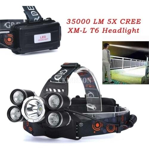 DHL 10PCS 35000 LM 5X XM-L T6 LED Rechargeable Headlamp Headlight Travel Head Torch