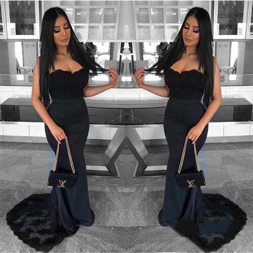 E JUE SHUNG Black Evening Dresses 2020 Lace Applique Sweep Train Mermaid Prom Gowns Formal Party Dress Vestidos De Festa