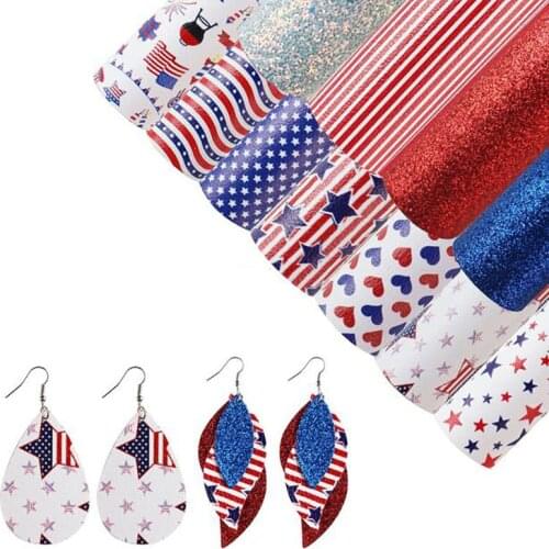 Glitter Faux Leather Sheets Independence Day Printed Eco Synthetic Leather Fabrics for Bows Furnitures DIY Earring Bags Supplies