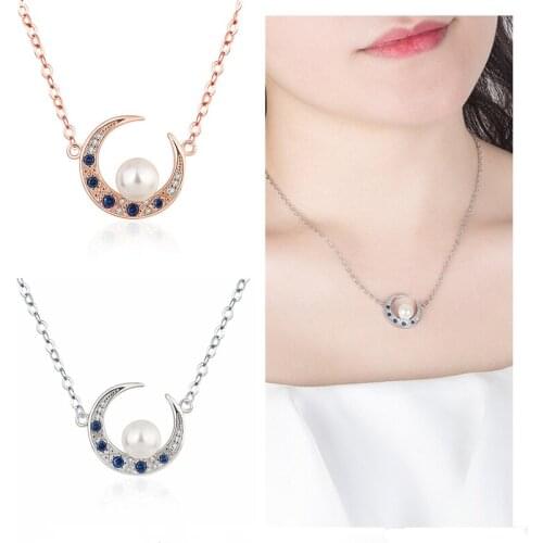 Fashion Pearl CZ Moon Pendant Necklace For Women Jewelry Fashion 925 Silver Necklace Girl Accessories Female Rose Gold Choker