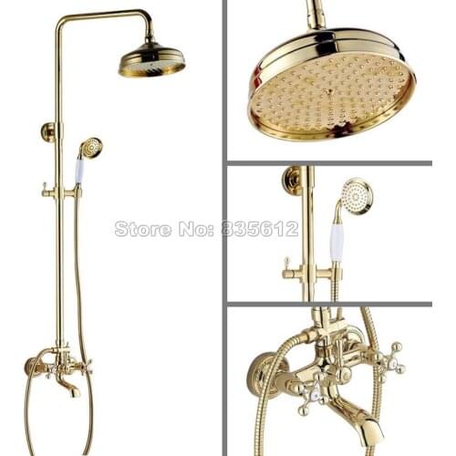 Wall Mounted Gold Color Brass Rain Shower Faucet Set + 8" inch Shower Head + Bathroom Dual Handles Bathtub Mixer Tap Wgf351