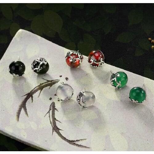 Supply s925 Sterling Silver Xiangyun Earrings Pure Natural Agate Earrings Retro Silver Accessories