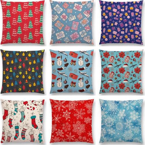 Merry Christmas Day Lovely Fir Trees Gifts Snowflake Stars Ornaments Cute Floral Pattern Cushion Cover Sofa Throw Pillow Case