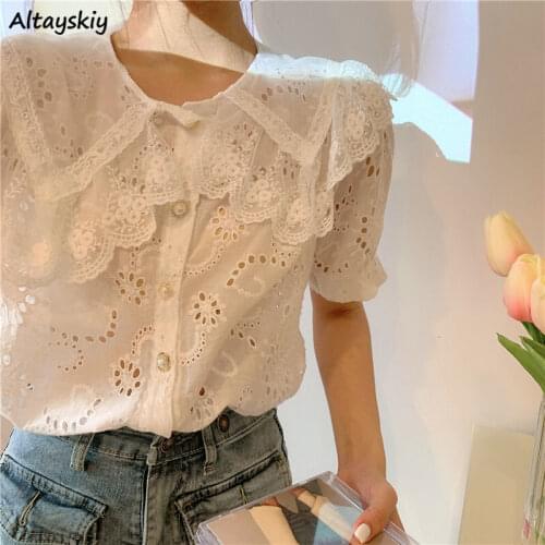 Shirts Women Hollow Out Design Short Sleeve Fashion Preppy Holiday Simple All-match Kawaii Pearl Sweet Female Pure Newest Tops
