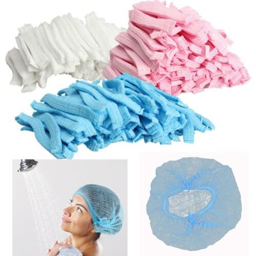 100 PCS Disposable Hair Shower Cap Non Woven Pleated Anti Dust Hat Hotel Salon Supplies Set Blue Non-woven Bouffant Shower Caps