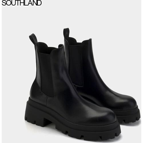 SOUTHLAND Ankle Boots For Women Slip On Women Chelsea Boots Black Leather Chunky Heel Platform Boots Women Winter Shoes