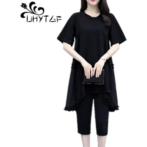UHYTGF Casual Black Two Piece Set Women 2020 Summer Suit Short sleeve Long Tops And Pants Fashion Plus size 2 Piece Set 1111