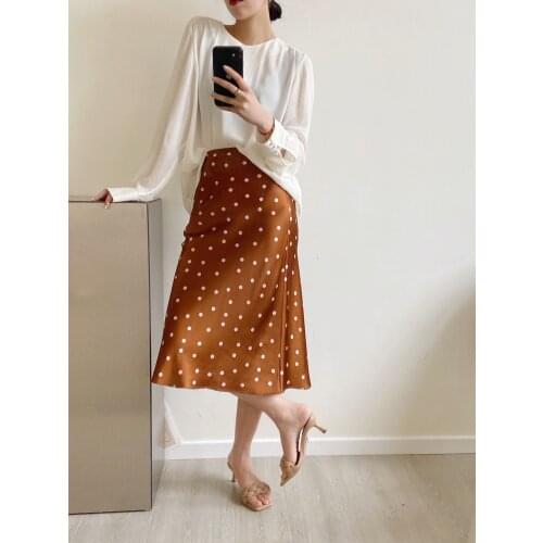 2021 Spring And Autumn Womens New Stretch Silk Satin Polka Dot Skirt High Waist Mid-length Slim Skirt