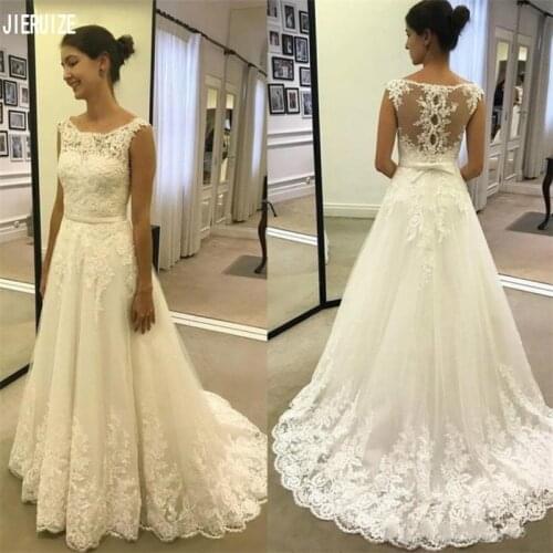 JIERUIZE Vintage Scoop Neck Bridal Gowns Sleeveless Sheer Back Robe De Mariee Lace Appliques Wedding Dress
