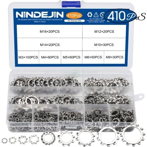 NINDEJIN 410pcs/set external tooth lock washer assortment kit 304 stainless steel m3 m4 m5 m6 m8 m10 star lock washer DIN6797A