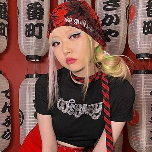 Y2K baby Summer Skinny Women Rhinestone Graphic T Shirts Navel Trend Stretchy Short Sleeve Kawaii Crop Top Tees Grunge clothing