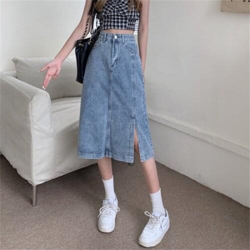 2021 Spring & Summer New Skirts Korean Chic High Waist Slim Mid Length Skirt Design Sense Split Solid Color Denim Skirt BSQ205