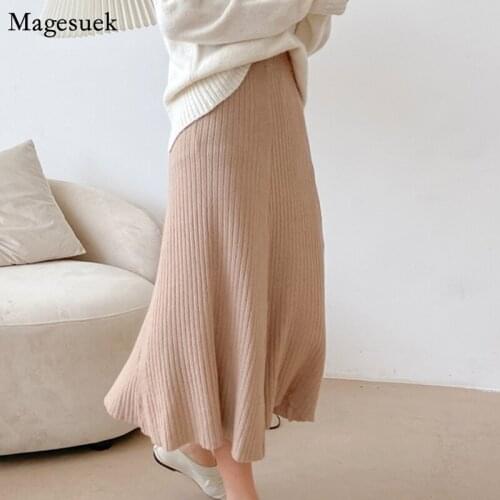 2021 Autumn Winter Fashion Maxi Knitted Skirt Solid Mid-Calf High Waist Skirt Loose Casual Pleated A-Line Skirts Womens 11112