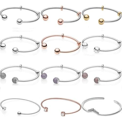 100% 925 Sterling Silver Polished Bead Shimmering End Cap Bangle Tiara Wishbone Open Bracelet Fit Fashion Charm Trendy Jewelry
