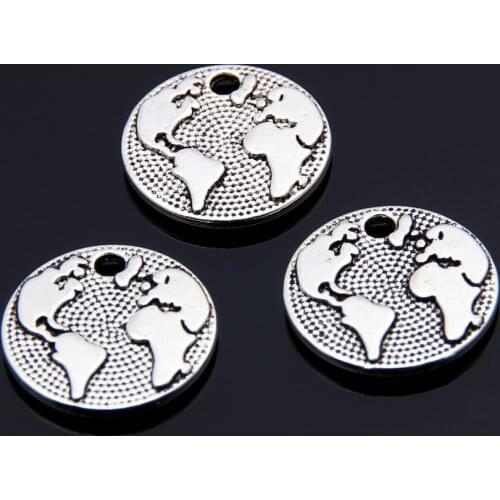 30pcs Silver Color Round World Map Charms Travel Theme Pendant Jewelry Making DIY Handmade Craft Accessories Supplies A3422