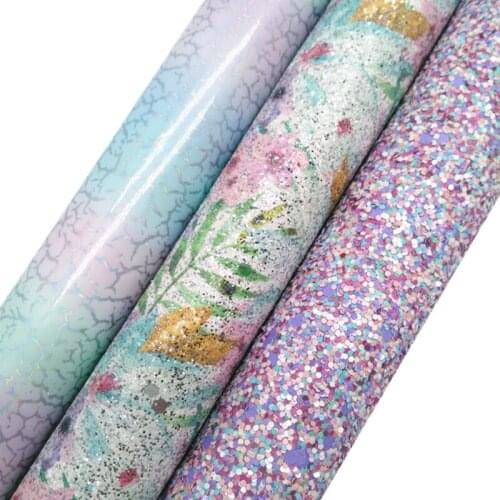 Purple Glitter leather, Flowers Printed synthetic leather, Rainbow Patent Glitter Faux Leather Sheets For Bows DIY 21x29CM KM814
