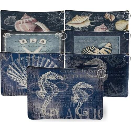 Multifunctional Canvas Makeup Bags Retro Conch Starfish Sea Horse Turtle Print Outdoor Travel Pouch Women Ladies Cosmetic Clutch