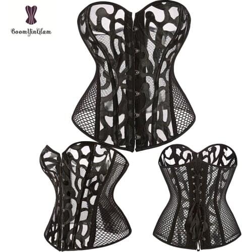 Transparent Sexy Black Corset Plus Size 6XL Corsets Overbust Fish Bone Bustier Hollow Out Corselet Front Clasp Closure Korset