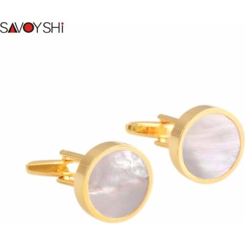 SAVOYSHI Round White Shell Cufflinks for Mens Shirt Cuff Buttons High Quality Gold Color Cufflinks Business Gift Brand Jewelry