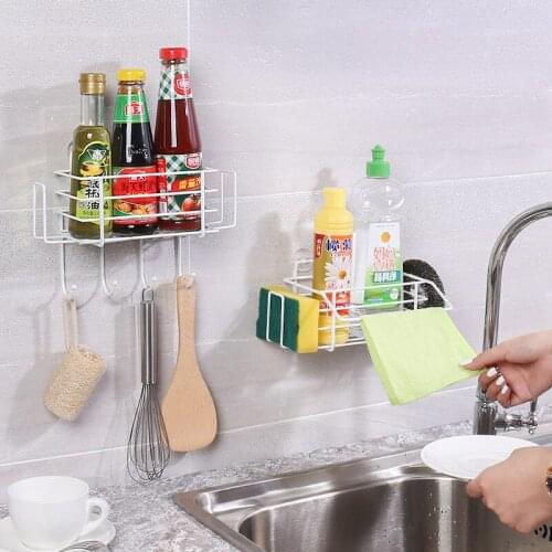 Kitchen Tools Punch-free Drain Basket Sponge Holder Kitchen Wall Spice Rack Towel Dry Hooks Spice Organizer Bathroom Accessories