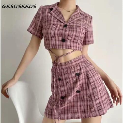 Summer short sleeve shirt women vintage blouse notched plaid sets womens outfits sexy mini skirt high waisted skirt shorts pink