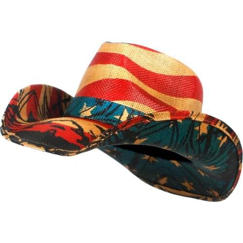 Summer Straw Cowboy Hat Women Men Shapable Western Cowgirl, USA American Flag ,Natural, Windproof Rope Sun Hat