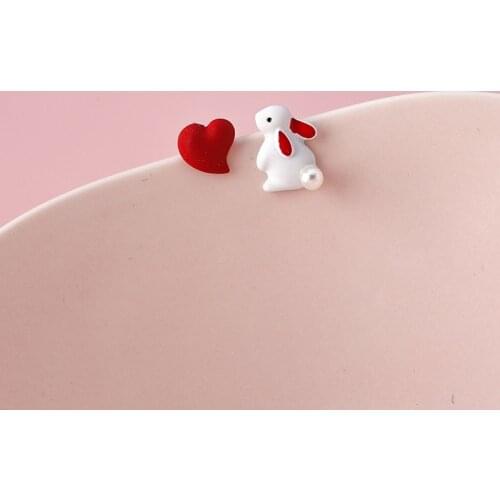 Minar Unique Design Rabbit Love Heart Stud Earring for Women Gifts Korean Fashion Red Color Earring Asymmetric Party Jewelry