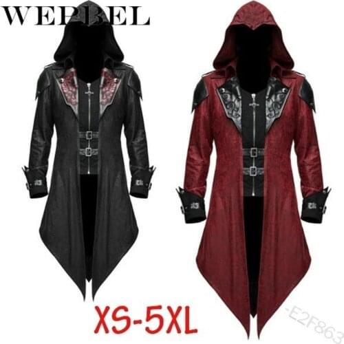 WEPBEL Mens Trench Coat Leather Hooded Medieval Gothic Renaissance Retro Punk Assassin Creed Long Sleeve Jackets