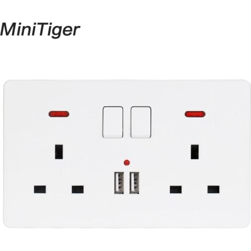 Minitiger Wall Power Socket Double UK Standard Outlet Switched 2.1A Dual USB Charger Port LED indicator 146mm*86mm White Color