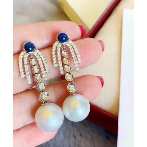 D606 Pearl Earrings Fine Jewelry Round 11-12mm Zircons 925 Sterling Silver Nature Fresh Water White Drop Dangle Earrings